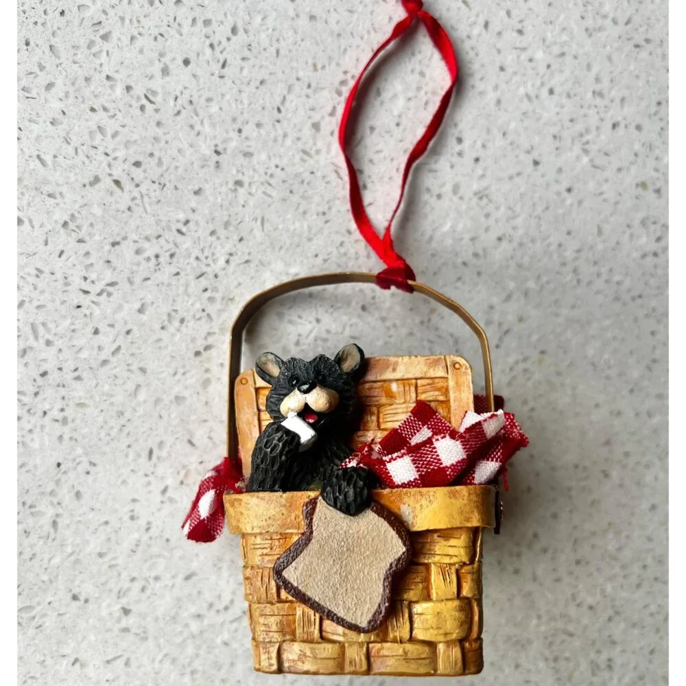Black Bear In Basket Christmas Ornament With Red Ribbon By KSA Inc. NIB - Picture 2 of 10